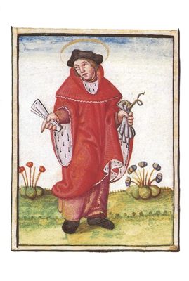 Saint-Yves. Miniature d'après un tableau autrefois au Palais ducal de Bourges. terrier de Quantilly, vers 1540 (6 G 61, fol. 2)