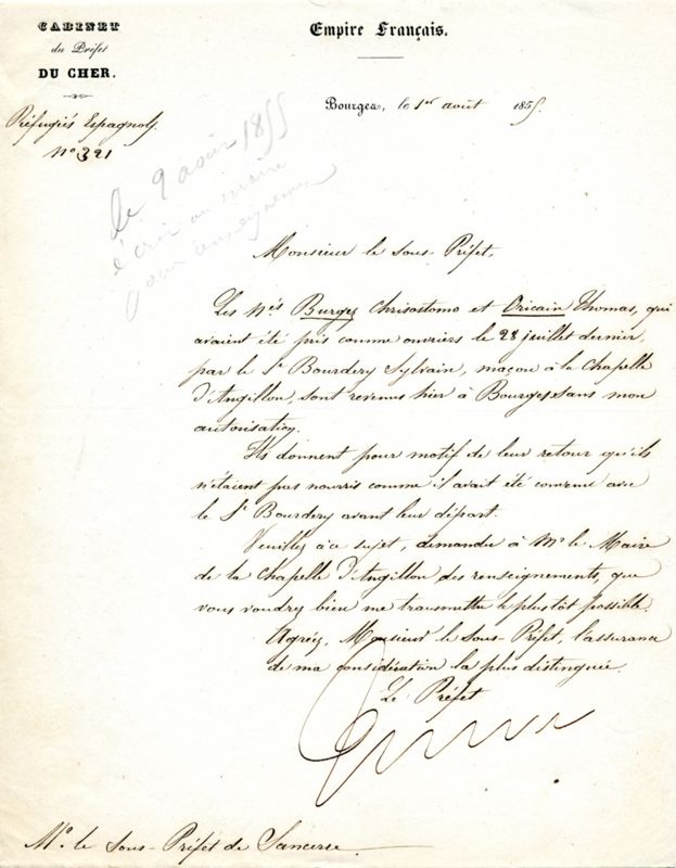 Lettre au sous-préfet de Sancerre 1855 (cote 2 Z 351)