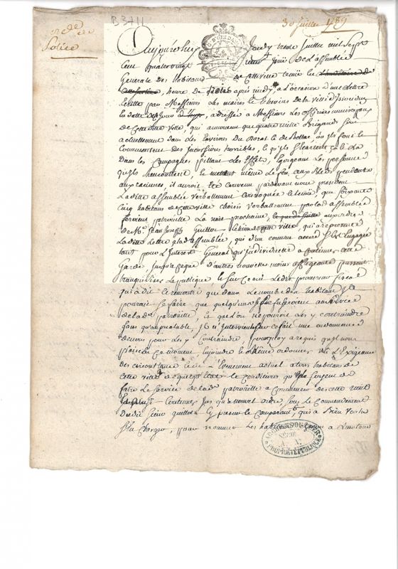 Délibération  de la commune de Graçay, 30 juillet 1789 (p. 1).
