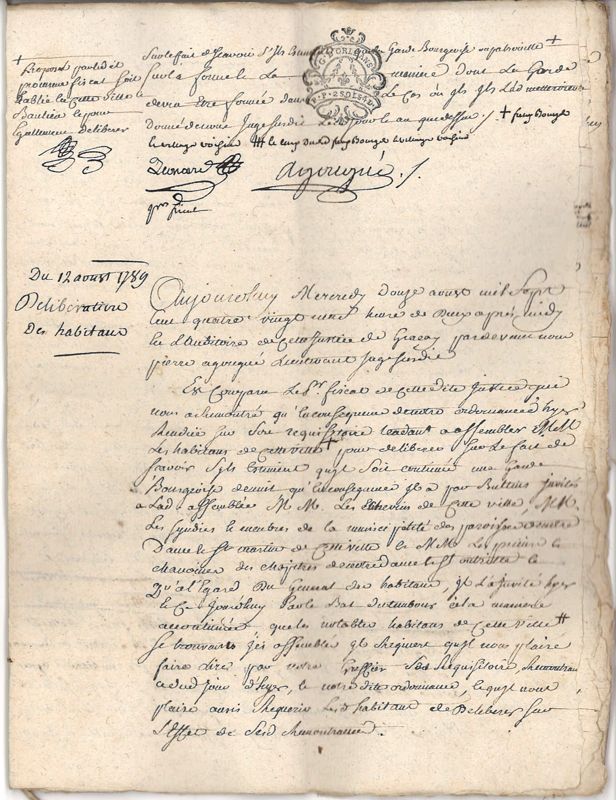 Délibération des habitants de Graçay, 12 août 1789 (p. 1).