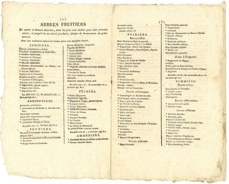 1819 : Au catalogue du pépiniériste...