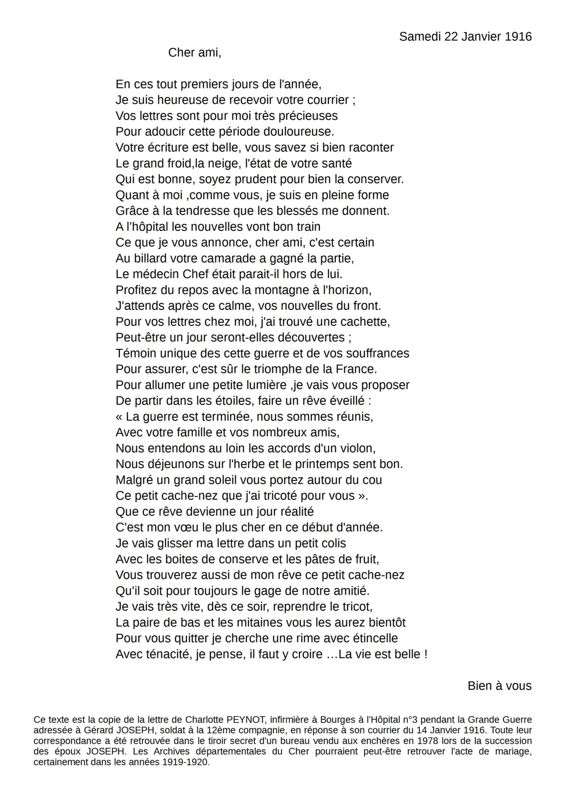 2  Lettre de Charlotte Peynot à Gérard Joseph