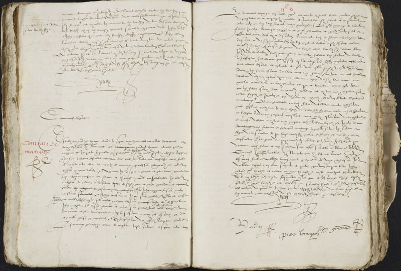 Détail d’un contrat de mariage contenu dans le registre des minutes de Pierre Divoy, notaire à Bourges, 1565-1572 (AD du Cher, E 2369)