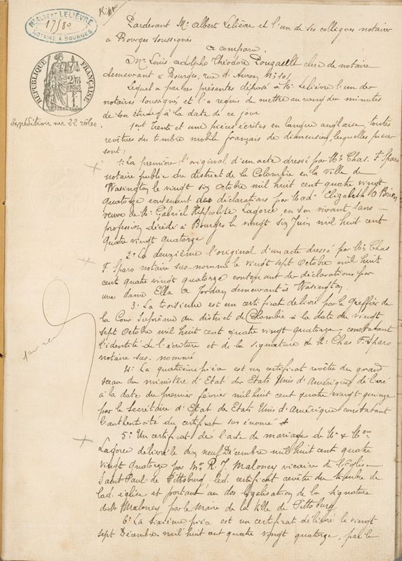Dépôt de preuves pour le règlement de la succession de Gabriel Hippolyte Lagorce (AD du Cher, E 31986, p. 1) 