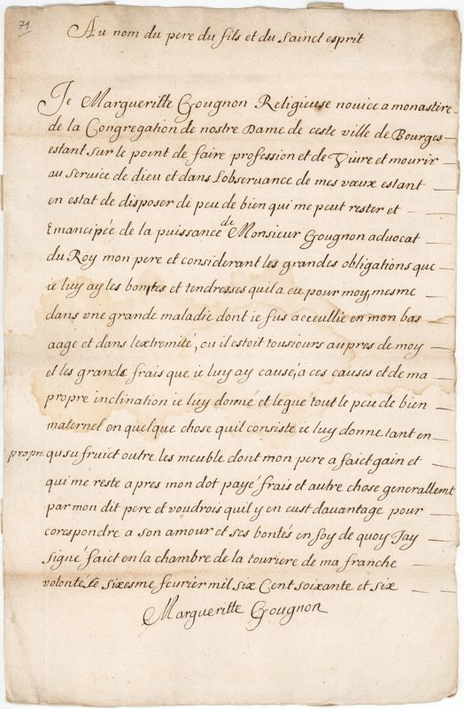 Recto du testament de Marie Gougnon avec les cachets de cire (AD du Cher, B 425)