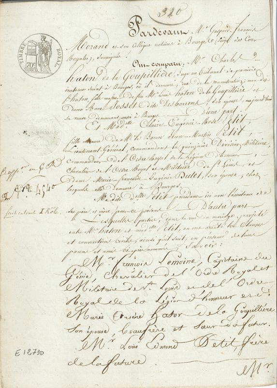 Page 1 du contrat de mariage de Charles Haton de la Goupillière et de Rose Eugénie Claire Petit (AD du Cher, E 12730, pièce 320)