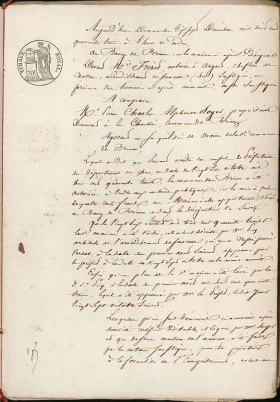 Page 1 de l'adjudication de la maison commune de Brinon (AD du Cher, E 21148)
