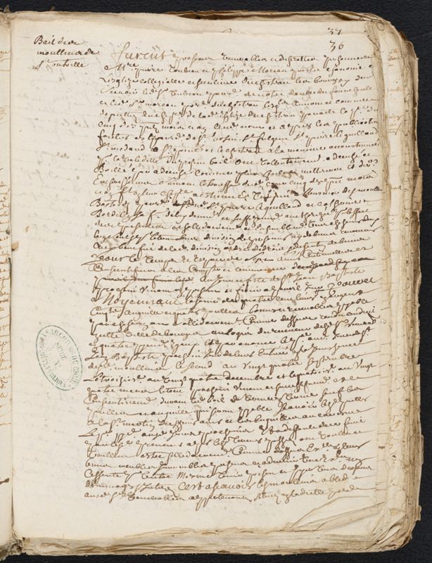 Bail des moulins de Saint-Oustrille (AD du Cher, E 2138, fol. 36 r)