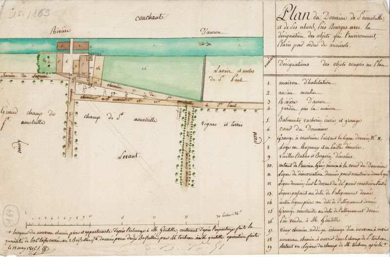 Plan du domaine de Saint Aoustrille et de ses abords, près Bourges avec la désignation des objets qui l'environnent placés par ordre de numéros(AD du Cher, 1 FI 169)