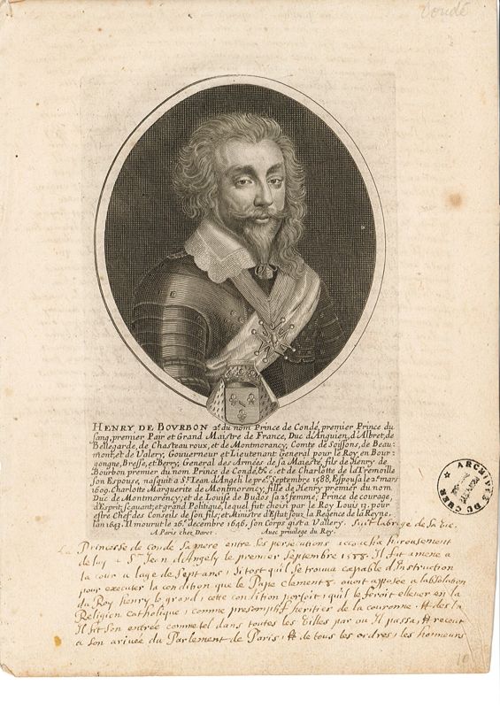 Portrait et biographie d'Henri II de Bourbon-Condé (AD du Cher, 11 Fi)