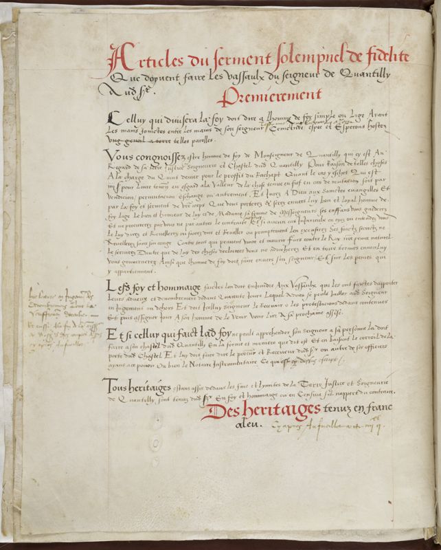 Serment solennel de fidélité dû par les vassaux au seigneur de Quantilly, Terrier de Quantilly (AD du Cher, 1 G 61, fol. 5 v)