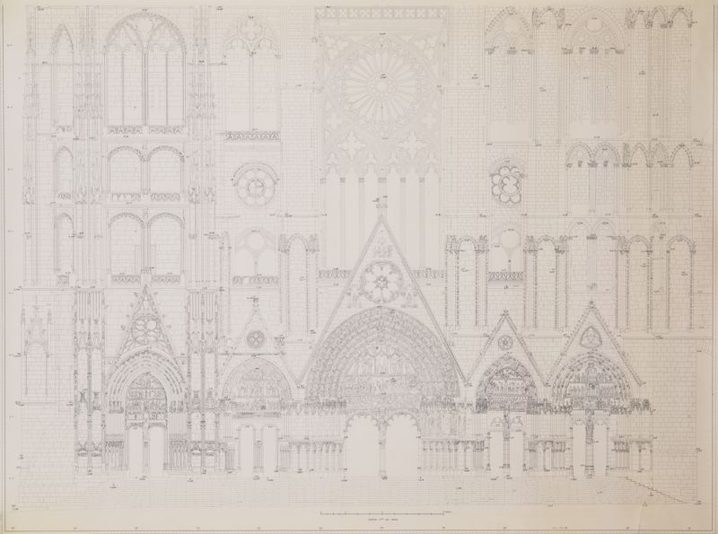 Relevé de la façade occidentale de la cathédrale de Bourges, encre sur papier, s. d. [1980 : restaurations de Pierre Lebouteux]. AD du Cher, non coté