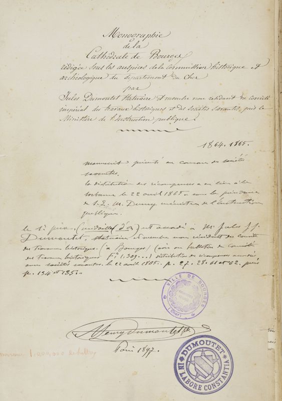Manuscrit de la Monographie de la cathédrale de Bourges de Jules Dumoutet, 1864-1865. Bibliothèque municipale de Bourges, Ms 450. Il a reçu le premier prix des sociétés savantes en 1865. 