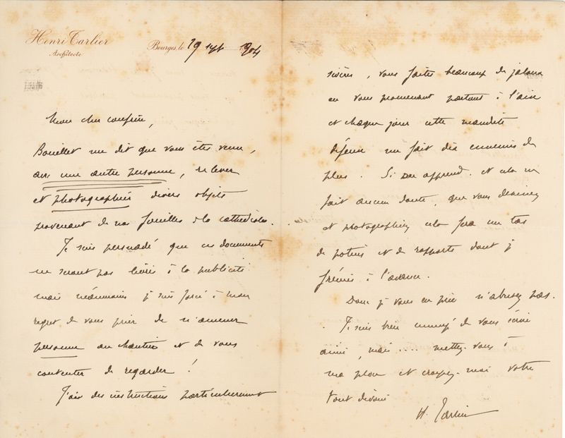 Lettre d’Henri Tarlier adressée à Paul Gauchery, le 19 septembre 1904. AD du Cher, 36 J 30