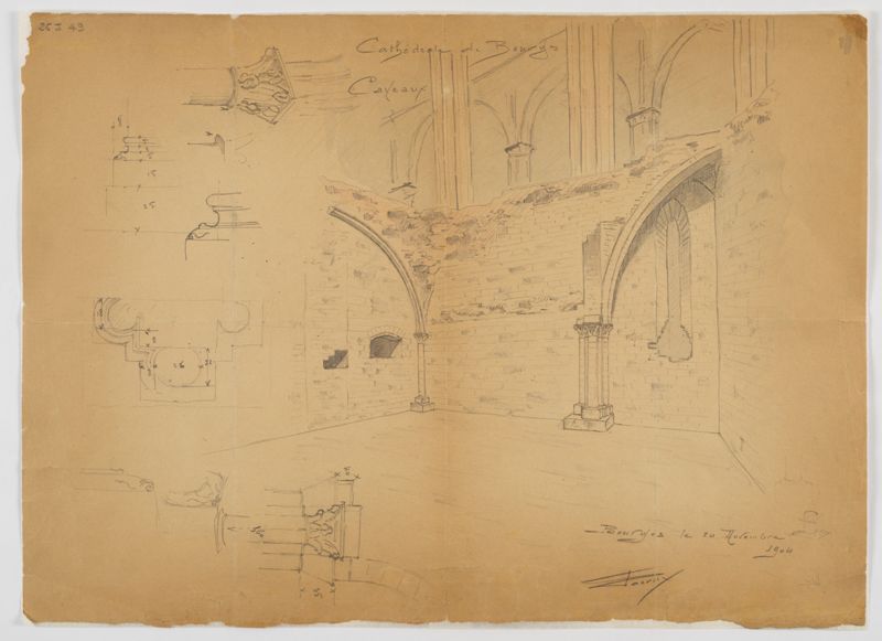 Vue d’ensemble et détails du caveau des archevêques, avec plan et coupes cotés, dessinés par Denis Lacroix au crayon sur papier, le 20 novembre 1904. AD du Cher, 36 J 49