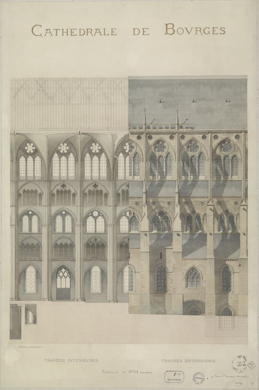 Élévations intérieure et extérieure de la cathédrale, dressées à l’encre et aquarellées par Paul Boeswillwald en 1889. Ministère de la Culture (France), Médiathèque du patrimoine et de la photographie, 82/18/1002, 14303 