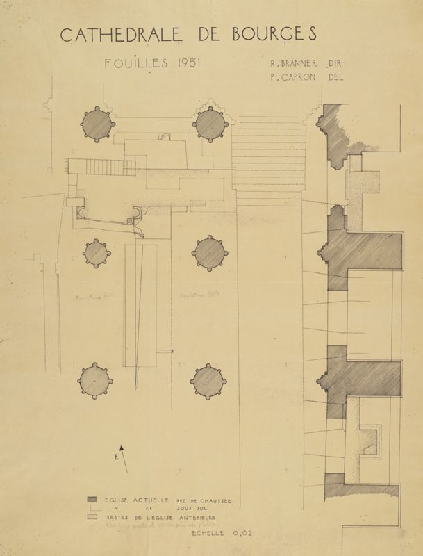 Plan des fouilles menées à la cathédrale par R. Branner et P. Capron, impression sur papier, 1951. AD du Cher, 36 Fi 63 161