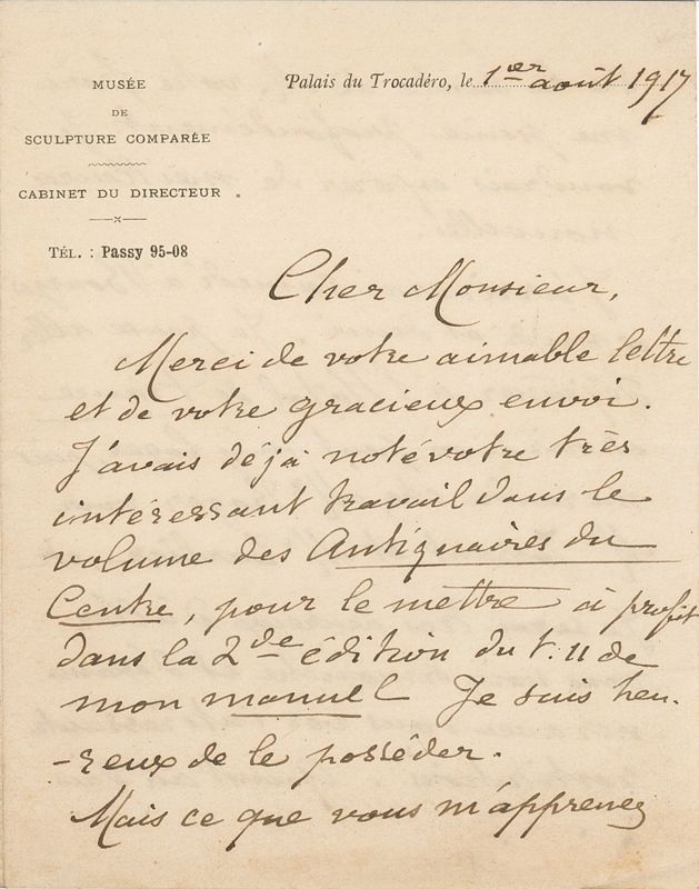 Lettre de Camille Enlart, directeur du musée de Sculpture comparée, adressée à Paul Gauchery, 1er août 1917. AD du Cher, 36 J 30
