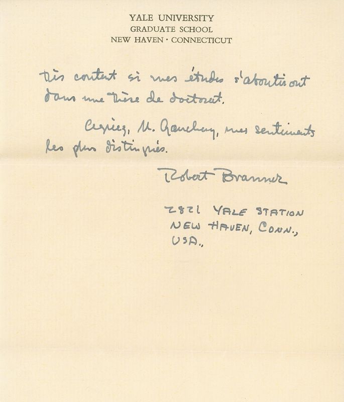 Lettre de Robert Branner adressée à Robert Gauchery, le 24 mars 1950, sur les conseils de Louis Grodecki, historien de l’art et beau-fils de Gauchery, en séjour aux États-Unis. AD du Cher, 1763 W 82