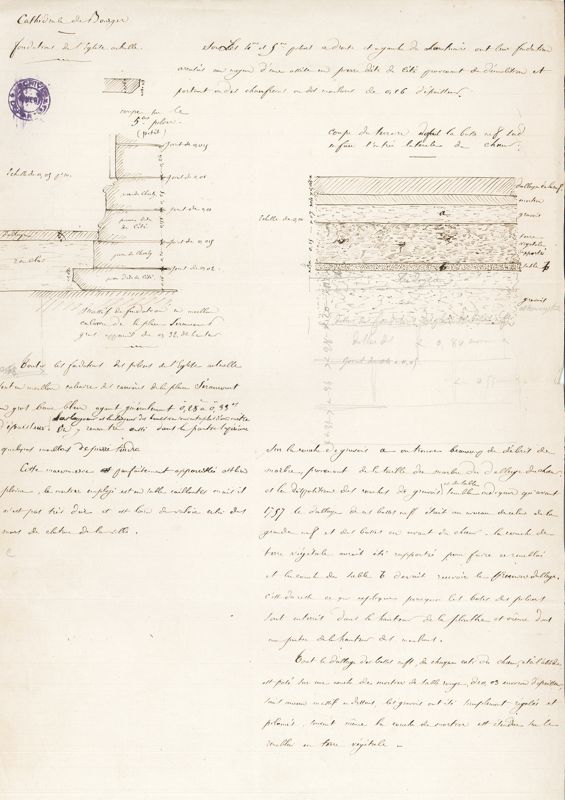 Notes et dessins des fouilles de l’église romane, Léonard Hippolyte Roger, 1856. AD du Cher, J 209