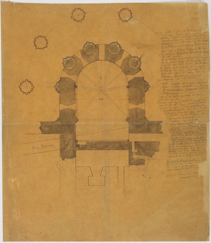Plan du caveau des archevêques et de la crypte « bâtie au-dessus du mur romain au XIIIe », dressé par Paul Gauchery au crayon, à l’encre et au lavis sur calque, s. d. AD du Cher, 36 Fi 63 154