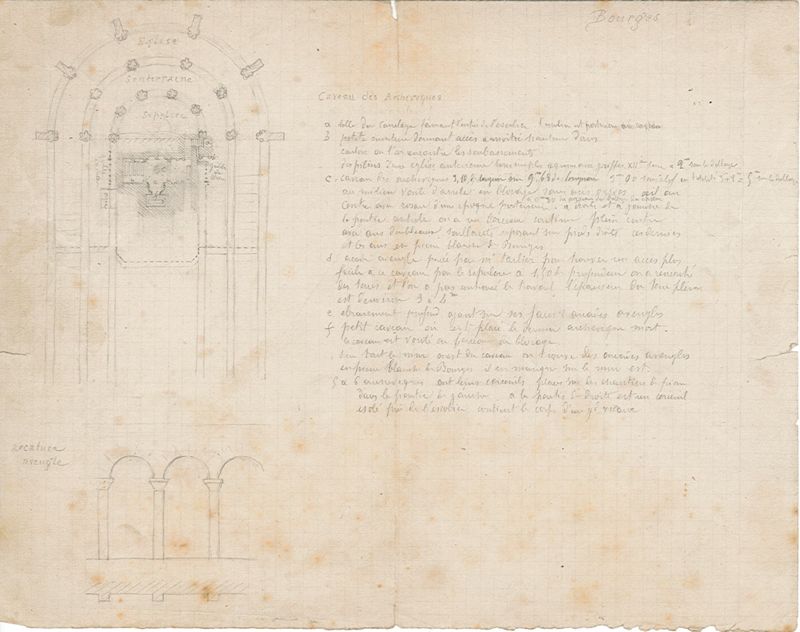 Dessin annoté du caveau des archevêques, Paul Gauchery, 1904. AD du Cher, 36 J 49