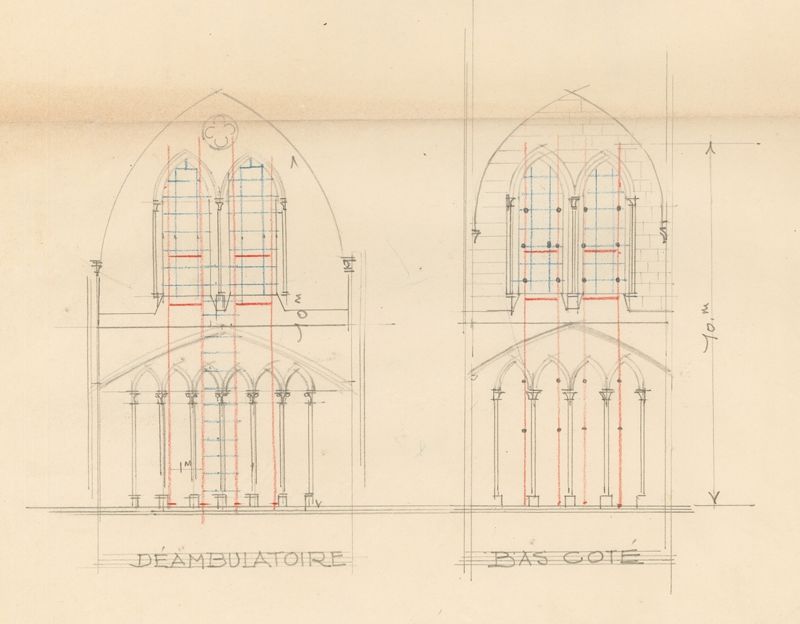 Élévation des échafaudages pour la dépose des vitraux. AD du Cher, 1761 W 77