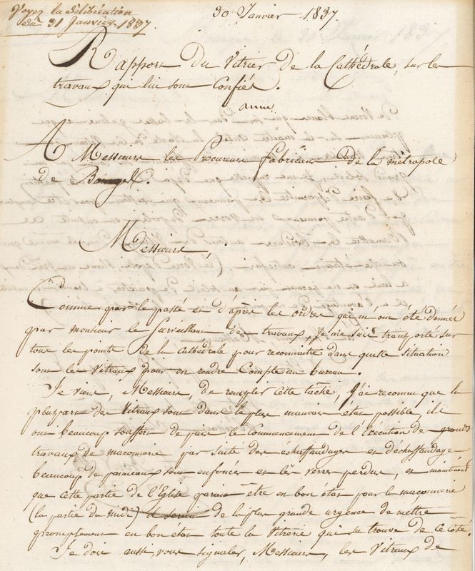 Rapport d’André Bout adressé aux procureurs fabriciens de Bourges le 30 janvier 1837. AD du Cher, V dépôt 760.