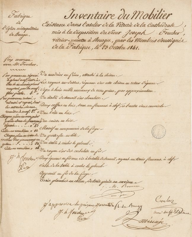 Inventaire du mobilier de l’atelier de la vitrerie de la cathédrale, mis à la disposition de Joseph Foucher, vitrier-peintre à Bourges, par la fabrique, le 23 octobre 1841. AD du Cher, J 214
