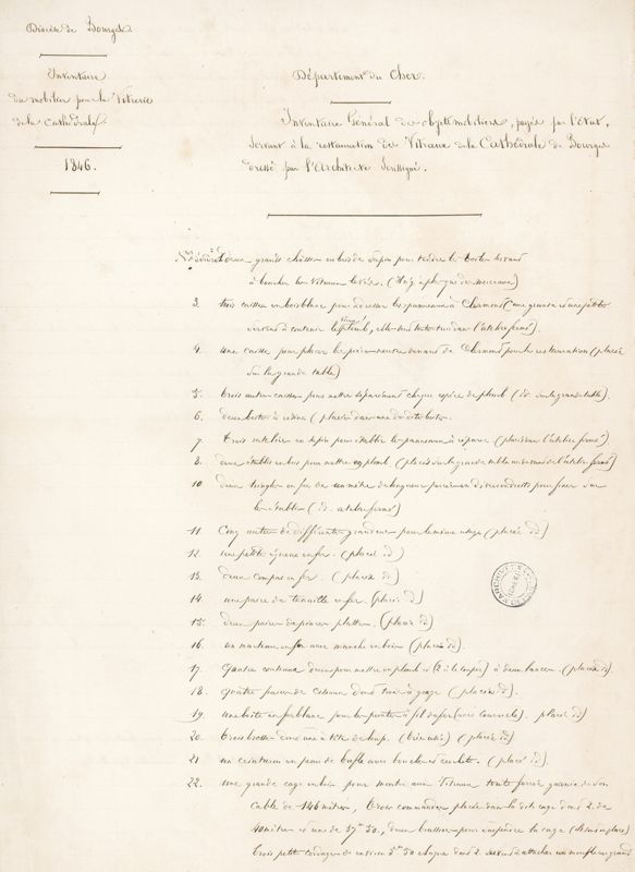 Inventaire général des objets mobiliers payés par l’État pour la restauration des vitraux, dressé par Barthélemy Juillien le 30 septembre 1846. AD du Cher, J 214.