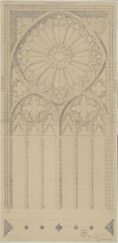 Plan et élévation du grand housteau de la cathédrale de Bourges, dressés par Paul Boeswillwald à l’encre et au lavis sur papier, 1909. Ministère de la Culture (France), Médiathèque du patrimoine et de la photographie, 82/18/1002, 14306