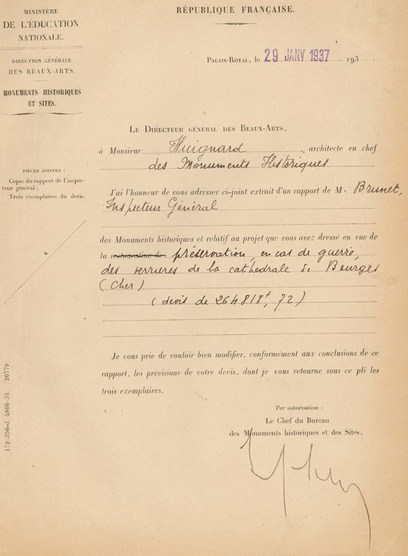 Lettre du chef du Bureau des monuments historiques et des sites demandant à Henri Huignard des modifications de devis pour respecter un rapport de M. Brunet, inspecteur général, 29 janvier 1937. AD du Cher, 1763 W 77