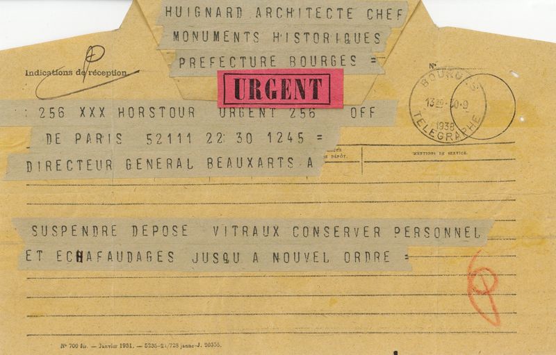 Télégramme du Directeur général des Beaux-arts ordonnant à Henri Huignard une suspension momentanée de la dépose des vitraux, 30 septembre 1938. AD du Cher, 1763 W 77
