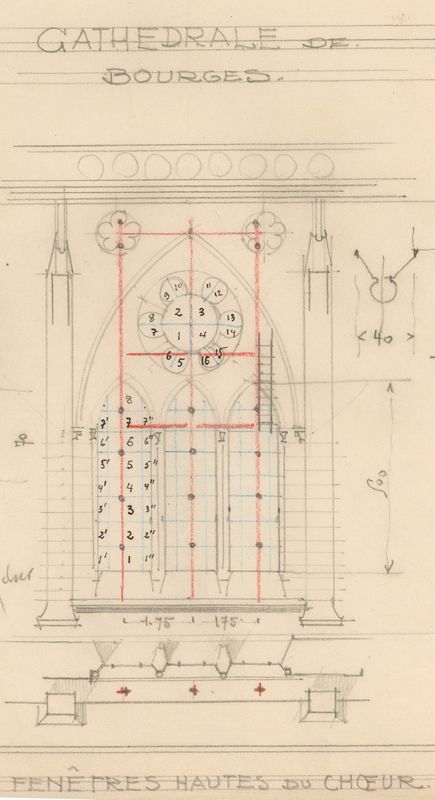 Dessin de Robert Gauchery présentant l’échafaudage et les vitraux à déposer d’une des baies hautes du chœur, s. d. [vers 1938]. AD du Cher, 1763 W 77