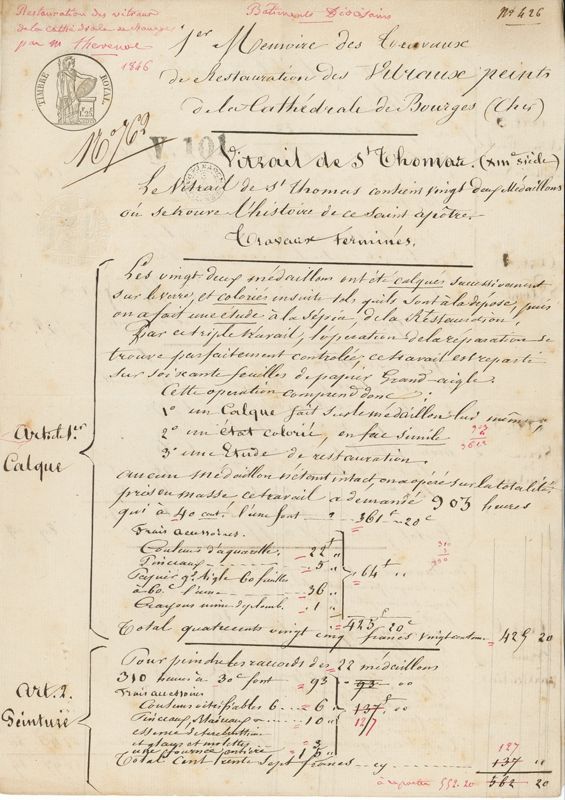 Premier mémoire des travaux de restauration du vitrail de saint Thomas par Thévenot. AD du Cher, V 101