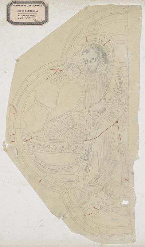 Relevé sur papier japon, de Félix Chédin, appelé calque sur verre, présentant les manques et les cassures (traits rouges). Ministère de la Culture (France), Médiathèque du patrimoine et de la photographie, 82/18/1006, 81242 (29)