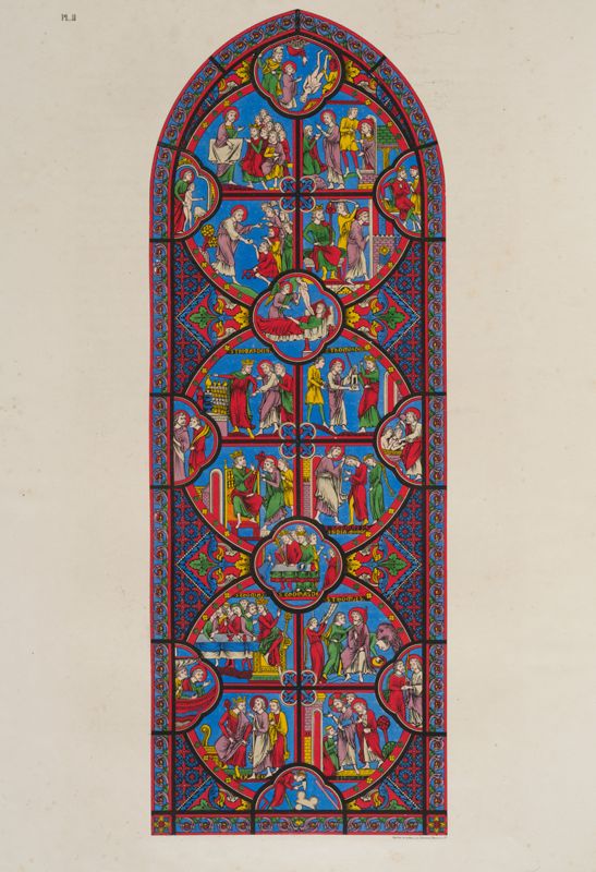 Planche du vitrail de saint Thomas issue de la Monographie de la cathédrale de Bourges de Cahier et Martin, 1841-1844. AD du Cher, FFO 50150