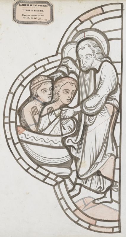 Proposition de restauration d’Étienne Thévenot avec, en bleu, les plombs à remplacer et, en orangé, les nouveaux verres à intégrer. Ministère de la Culture (France), Médiathèque du patrimoine et de la photographie, 82/18/1006, 81242 (28)