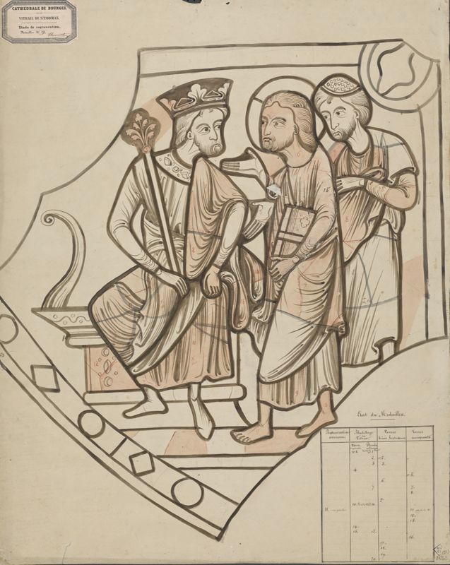 Relevé aquarellé d’Étienne Thévenot, étude de restauration du 9e médaillon du vitrail de saint Thomas, Thomas présenté au roi Gundaferus. Ministère de la Culture (France), Médiathèque du patrimoine et de la photographie, 82/18/1006, 81242 (22)