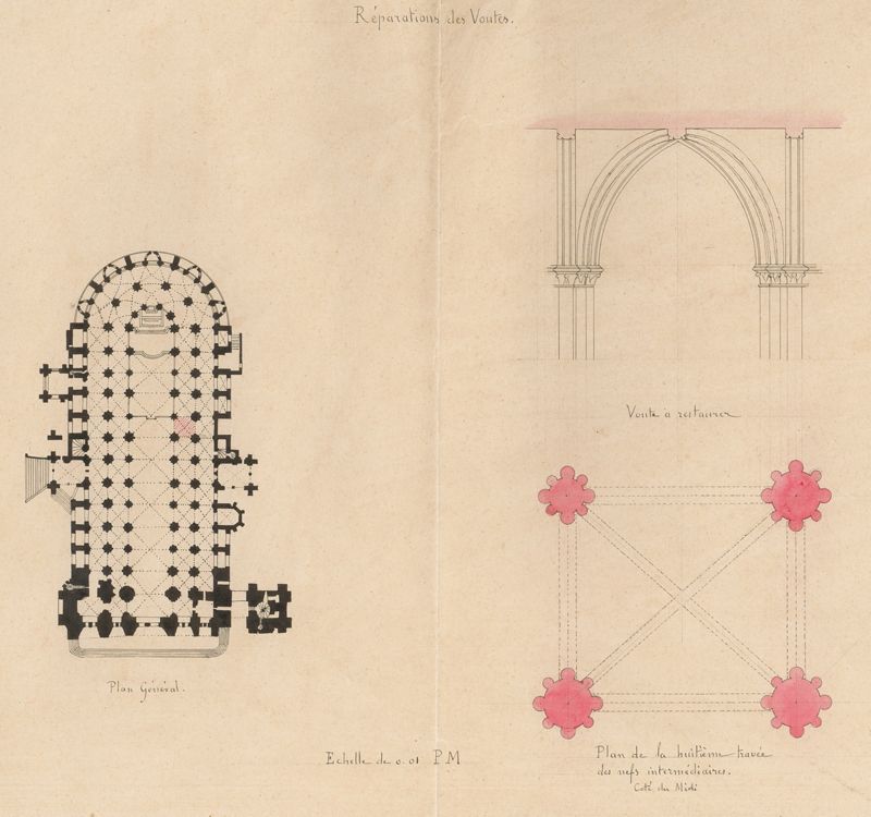 Plan et coupe d’une voûte à restaurer dans le collatéral sud du chœur avec plan de situation dressés par Victor Gay, s. d. [vers 1849]. AD du Cher, J 1964