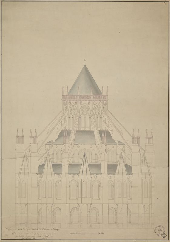 Élévation du chevet de la cathédrale de Bourges, dressée le 16 mai 1831 par François-Narcisse Pagot. Ministère de la Culture (France), Médiathèque du patrimoine et de la photographie, 82/18/1002, 14297