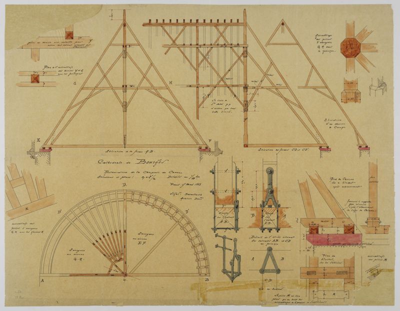 Restauration de la charpente du chœur, élévations, coupes et plans avec détails des assemblages, dressés par Paul Boeswillwald à l’encre sur calque, le 15 mars 1883 à Paris. AD du Cher, 36 Fi 63 180