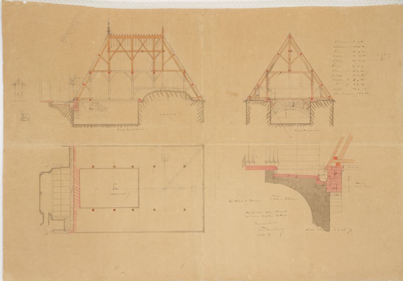 Modification de la charpente qui couvre le pilier butant, plan et coupes, bons pour exécuter, dressés par Paul Boeswillwald à l’encre et au lavis sur papier, le juillet 1887. AD du Cher, 36 Fi 63 182
