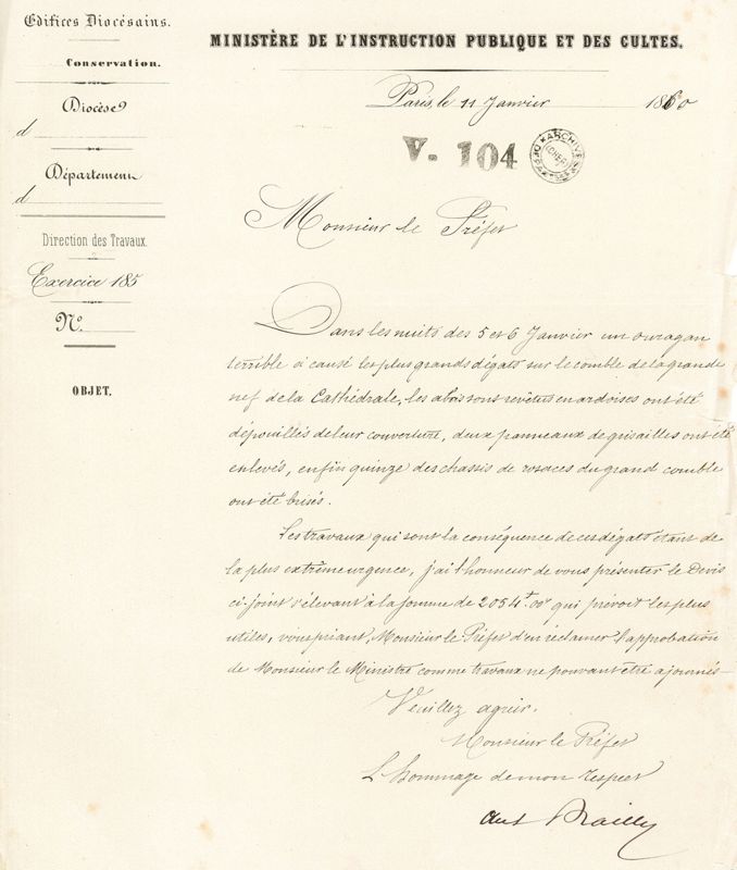 Lettre du 11 janvier 1860, adressée par Antoine Bailly au Préfet et accompagnant un devis de réparations à faire à cause d’« un ouragan terrible ». AD du Cher, V 104