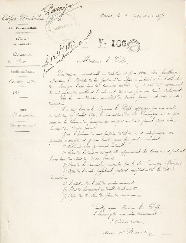 Lettre du 5 septembre 1870, adressée par Antoine Bailly au Préfet. AD du Cher, V 106