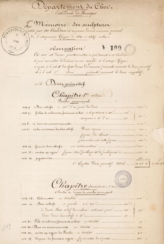 Mémoire des sculptures faites par Caudron entre 1840 et 1847 au portail central et au portail Saint-Étienne, dressé par Barthélemy Juillien le 10 avril 1853. AD du Cher, V 100