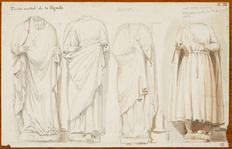 Figures d’ébrasement du « porche central » de la façade occidentale de la cathédrale de Bourges, dessinées et peintes par Jules Dumoutet, s. d. Bibliothèque municipale de Bourges, Ms 452, pièce n°33