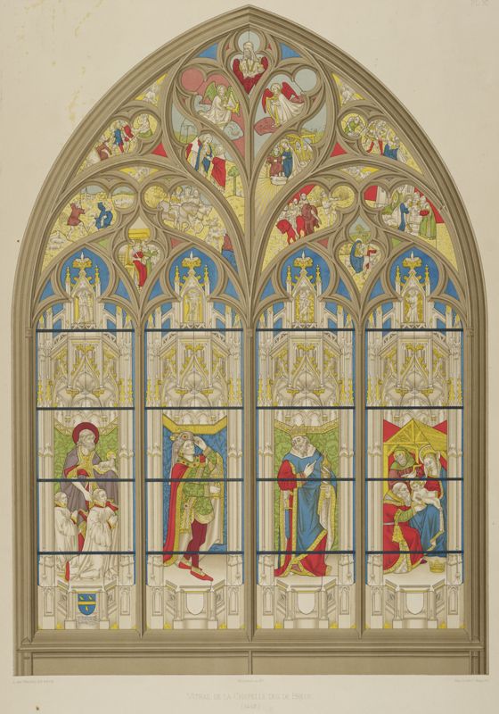Planche XI des Vitraux peints de la Cathédrale de Bourges, postérieurs au XIIIe siècle, gravure d’Albert des Méloïzes, 1891-1897. AD du Cher, FFO 50088
