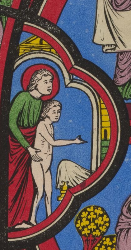 Extrait de la Monographie de la cathédrale de Bourges de Cahier et Martin, Thomas ressuscite le frère du roi Gundaferus, vitrail de saint Thomas, 1841-1844. AD du Cher, FFO 50150