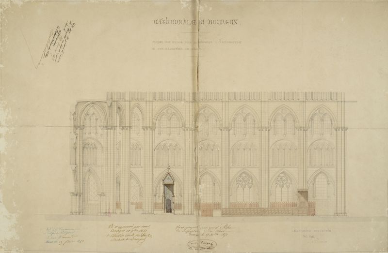Projet d’un trône pour monseigneur l’archevêque et des clôtures du chœur de la cathédrale de Bourges, dessiné par Antoine Nicolas Bailly le 6 novembre 1851. AD du Cher, 4 Fi Bourges B 70